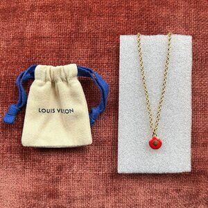 LOUIS VUITTON Pastilles Clover Charm Pendant 18K Gold Chain Necklace Red-Orange